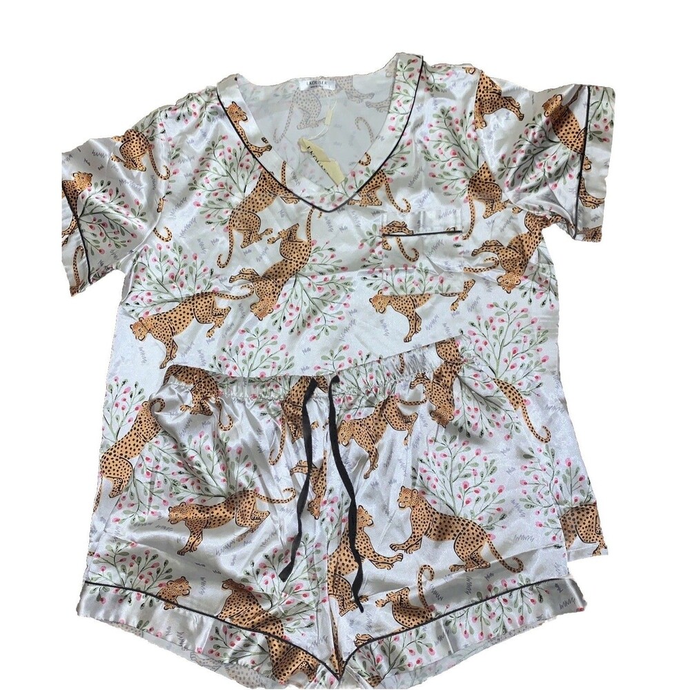 EKOUAER Women's Leopard Pajama set longewear Short Set Satin Silky